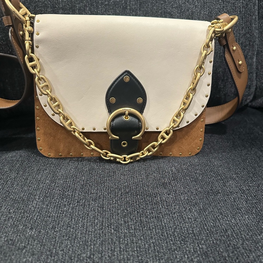 Coach Cream and Brown Crossbody Bag with Gold Accents